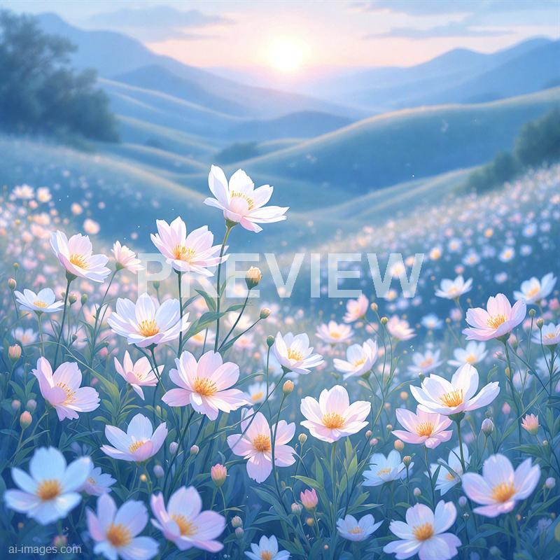 The image depicts a serene landscape of rolling hills covered in countless white and pale pink flowers, likely anemones or similar wildflowers, stretching into the distance. In the background, there are gentle, blue-tinged mountain ranges under a sky with soft clouds, illuminated by the warm glow of a setting or rising sun near the horizon. The scene has a dreamy, pastel color palette, evoking a peaceful and idyllic atmosphere.